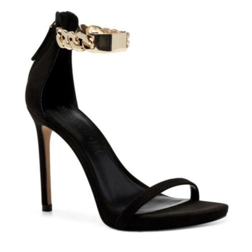 Aminah Abdul Jillil Inc Nura stiletto high heels shoes Black Gold chain Womens 9